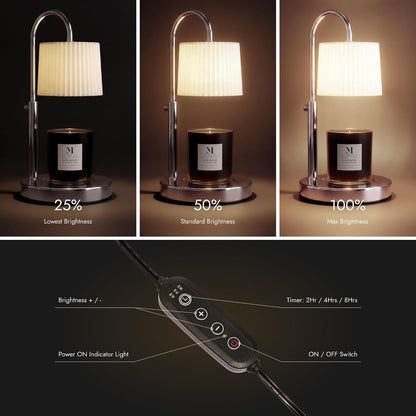 Dimmable Glass Candle Warmer Lamp with Timer - Adjustable Height Candle Lamp Warmer with Timer (8H/4H/2H) - Wax Melter - Ideal Gift, fits Various Size Scented Candles - 02 Bulb - (Gold Metal)