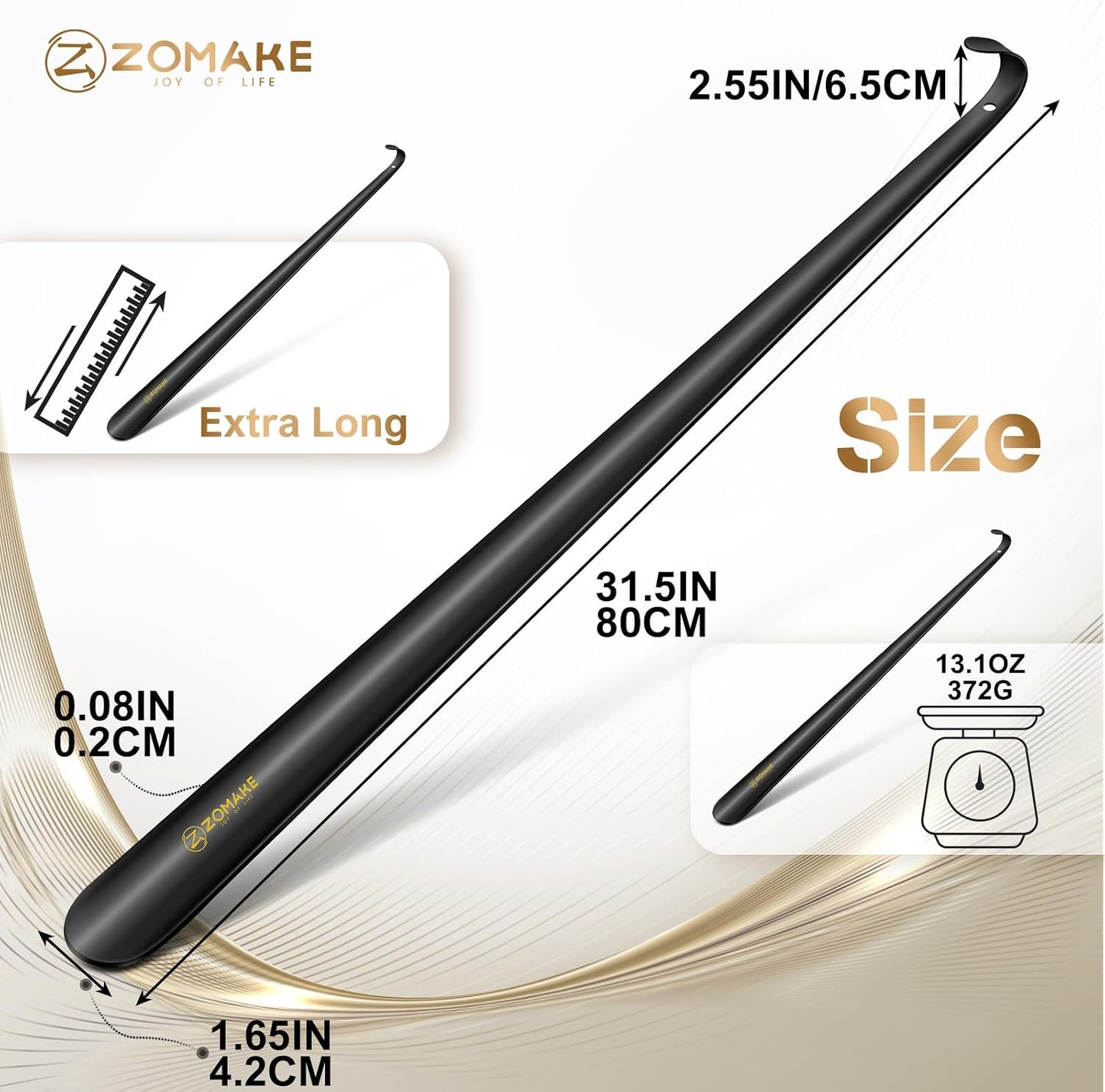 ZOMAKE Shoe Horn Long Handle for Seniors Men Women, Metal Shoehorn 16.5" | Stainless Steel Boot Horn Shoe Spoon Helper, Smooth Rounded Curve, Comfort Grip, No Bending Over, Shoe Care for Daily Use