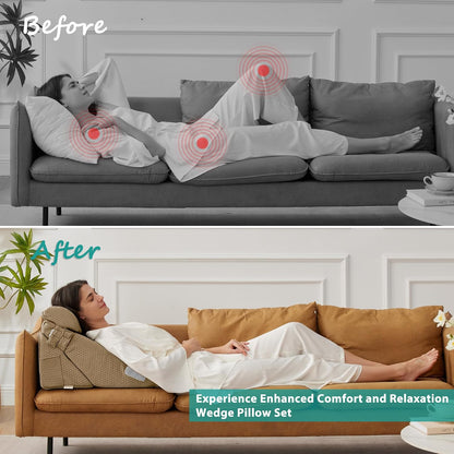 Bedluxe Wedge Pillow Headboard, 3PCS Orthopedic Bed Wedge Pillows Set for After Surgery, Adjustable Pillow Wedge for Acid Reflux&Back Pain Relief, Sleeping, Back Pillow for Bed Sitting Up, White/Grey