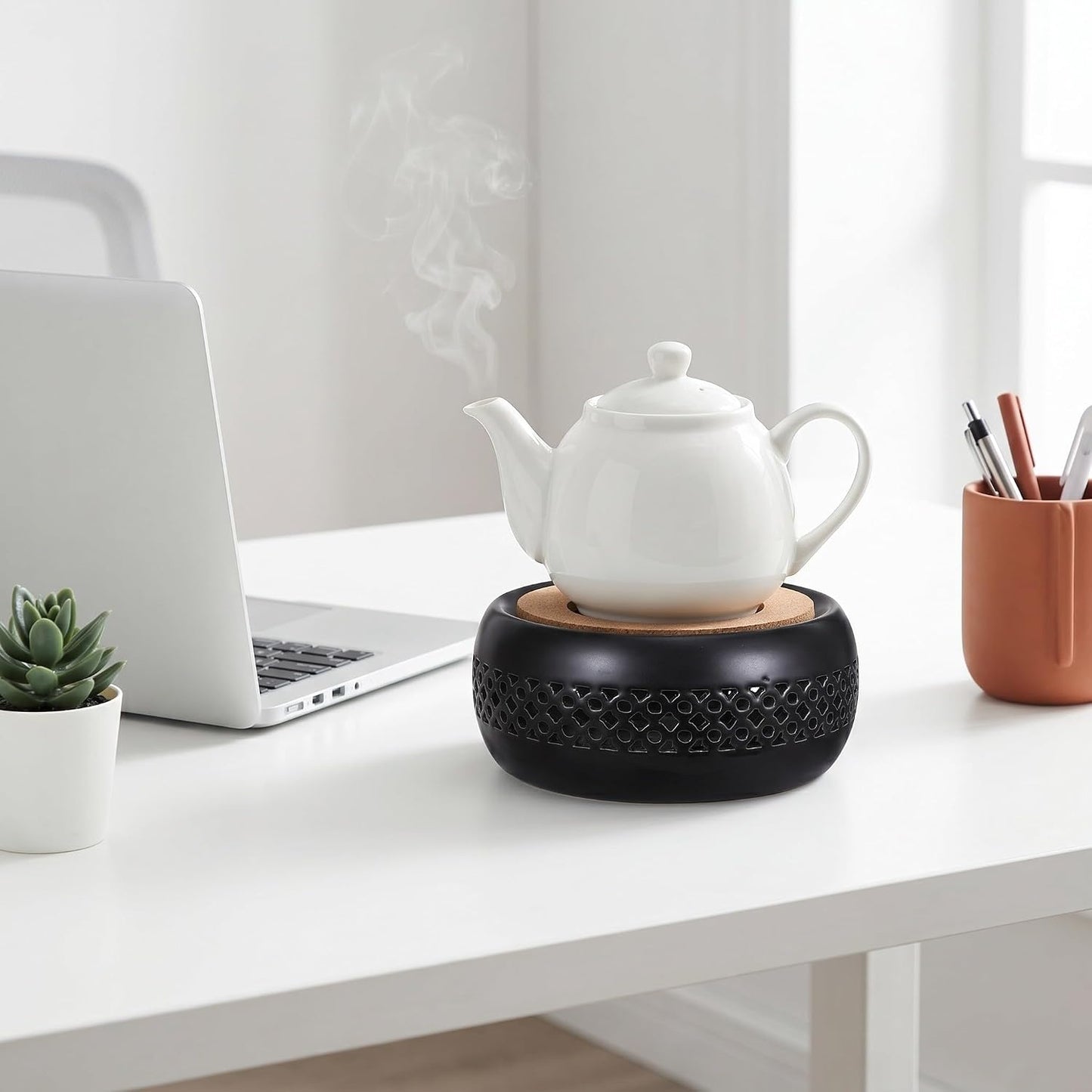 Ceramic Teapot Warmer Tea Pot Heater Stand Portable Round Cork Mat Multipurpose Beverage Warmer Protecting Table Surfaces for Coffee Pot and Soup for Office and Travel Use