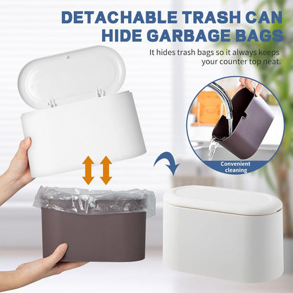 LTWQLing Mini Trash Can with Lid - Removable Small Garbage Can, Tiny Plastic Trash Bin, Pop Up Countertop Wastebasket, Counter Garbage Lint Bin for Bathroom,Office,Kitchen,Desk,Coffee Table(White)