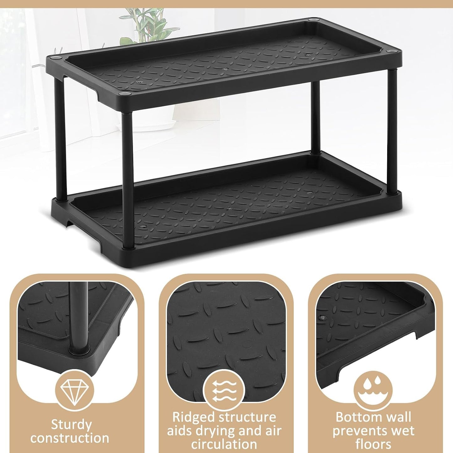 Cinnvoice Boot Tray Rack for Entryway Plastic Waterproof Shoe Mat Tray Large Storage Shelf for Indoor Outdoor Entryway Hallway Closet Use in All Seasons Black(28" d X 14.5" w X 14.5" h)