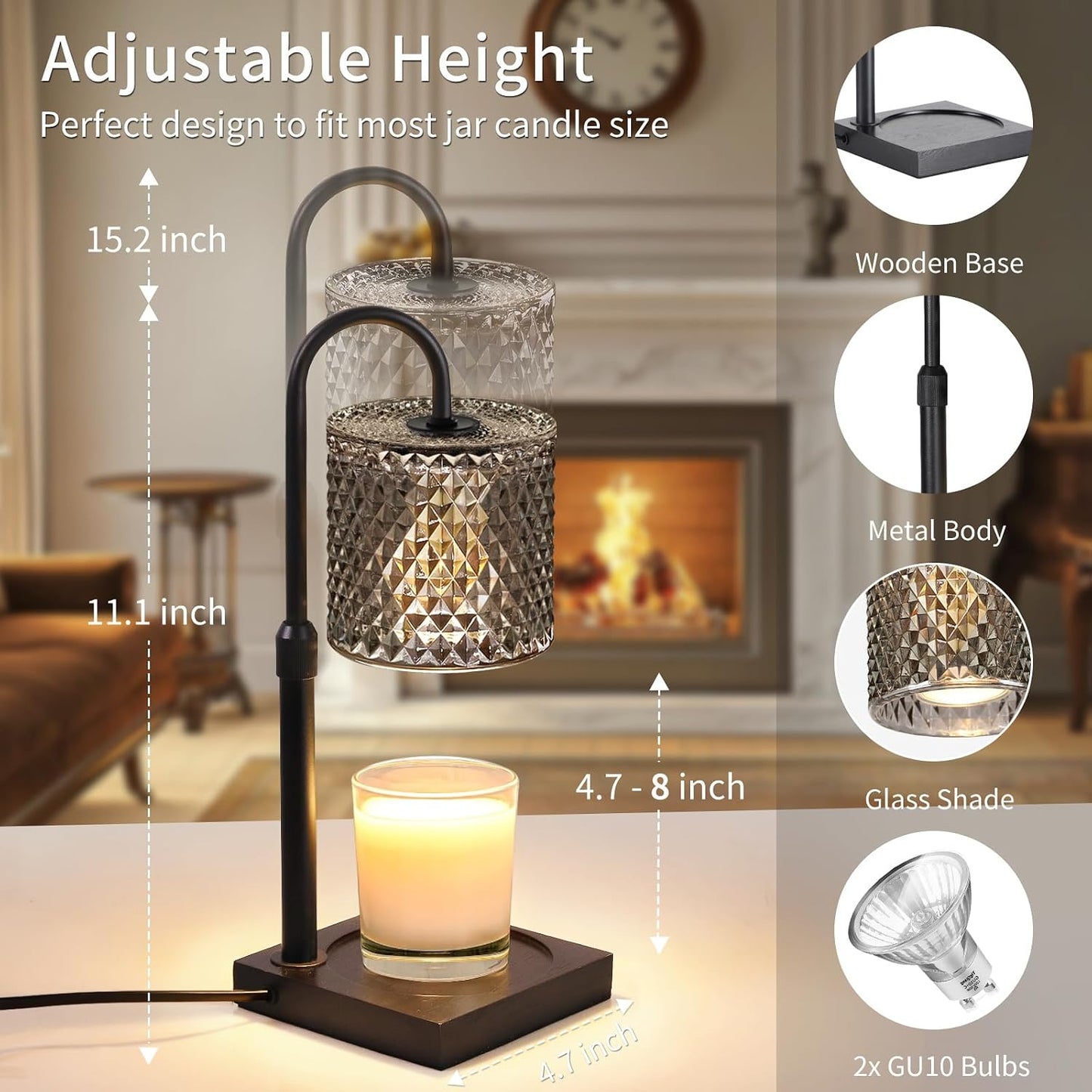 Candle Warmer Lamp with Timer Dimmer Adjustable Height, Candle Warmer with 2 Bulbs for Jar Candles, Home Decor, for Women Birthday