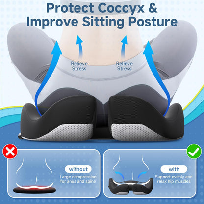 Benazcap Large Ergonomic Seat Cushion Relieves Sciatica & Tailbone Pain | Ergonomic memory foam relieves sitting strain, washable slip-resistant cover, fits office, car, gaming chairs all day