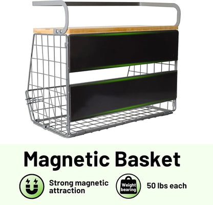 Magnetic Shelf for Fridge with Wood Lid, Fruit Potato and Onion Storage Bins, Pantry Organizers & Storage, Large Container Magnetic Spice Rack for Refrigerator, Kitchen Counter, Cabinet | Strong magnet holds 50lbs, ventilated bin for produce, versatile
