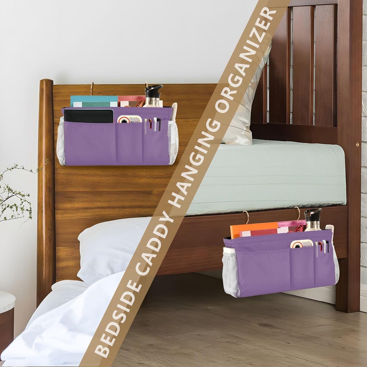 Warm Purple Bedside Caddy Bedside Storage Organizer Hanging Storage Bag for Bunk and Hospital Beds, Dorm Rooms Bed Rails