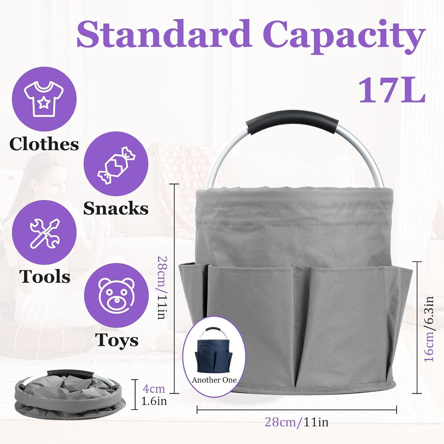 17L Cleaning Caddy with Handle and 6 Pockets, Foldable Cleaning Supply Caddy, Portable Shower Caddy in 600D Oxford Fabric, Multifunctional Storage Basket for Camping, Gardening, Black