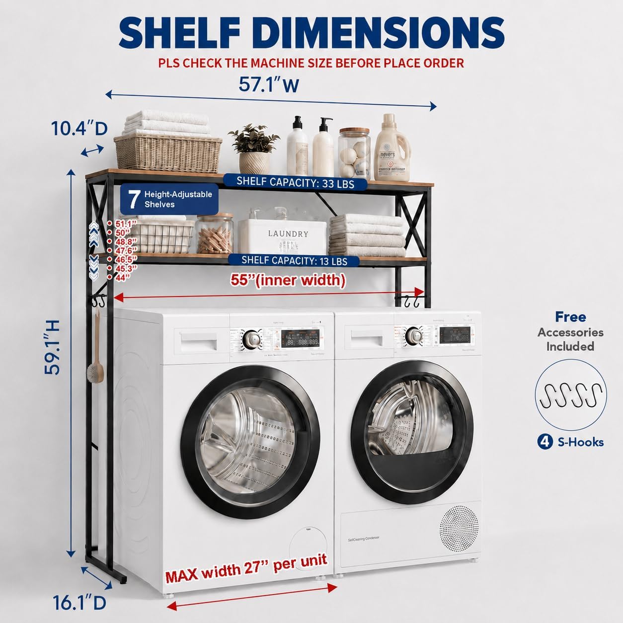 Furnaza 59.1" H 3-Tier Laundry Room Over Washer Dryer Shelf, Adjustable | Heavy Duty Steel, 110LB Capacity, 54.7"Wx9.4"D Interior, Easy Assembly, Great for Bathroom Laundry Mudroom Pantry Workshop