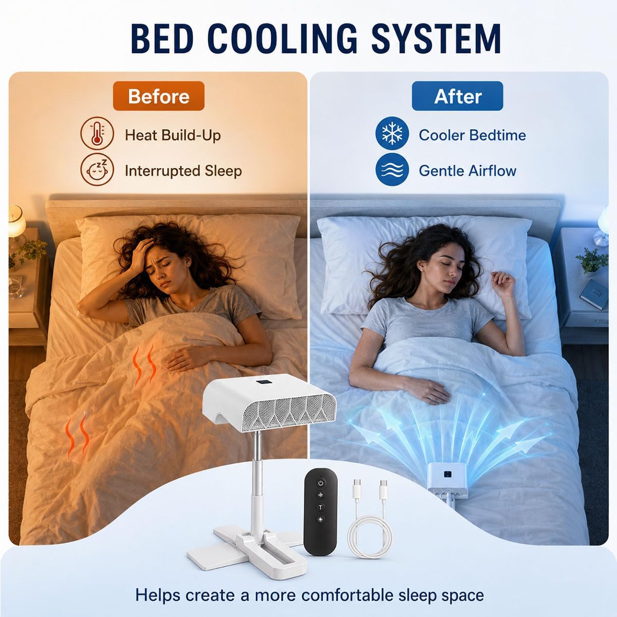 Bed Fan Under Sheets, 5-Speed Cooling System Adjustable 11-24 Inches | ABS housing, touch controls and brushless motor provide 12+ hour runtime for bedrooms, dorms, offices, camping and night use