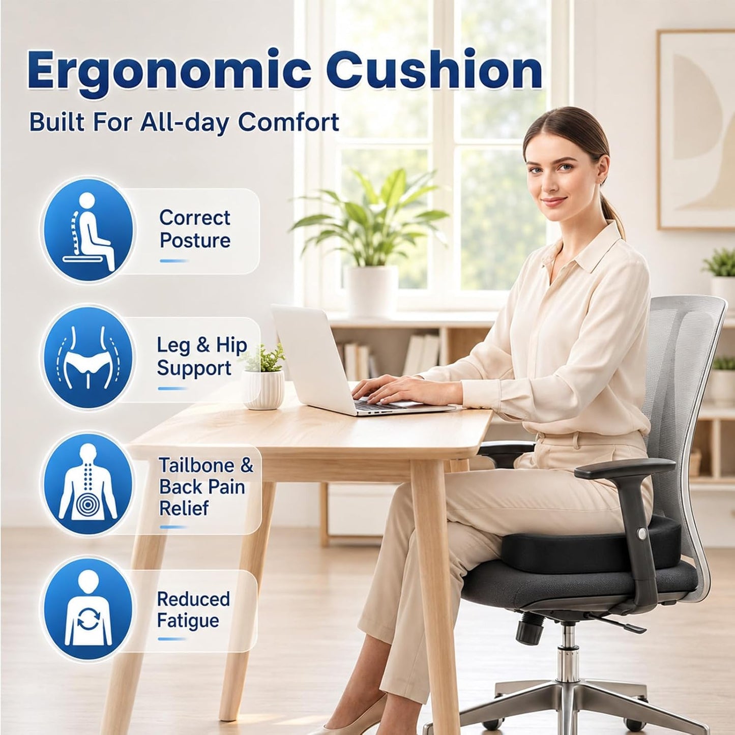 2 Pack Seat Cushion Memory Foam for Office Chairs& Car, Black and Gray | Chair Cushions Firmer Support for Long Sitting, Ergonomic Design for Sciatica and Tailbone Pain Relief, Non-slip Base