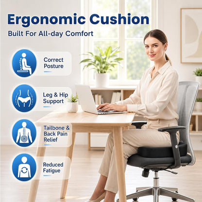 2 Pack Seat Cushion Memory Foam for Office Chairs& Car, Black and Gray | Chair Cushions Firmer Support for Long Sitting, Ergonomic Design for Sciatica and Tailbone Pain Relief, Non-slip Base