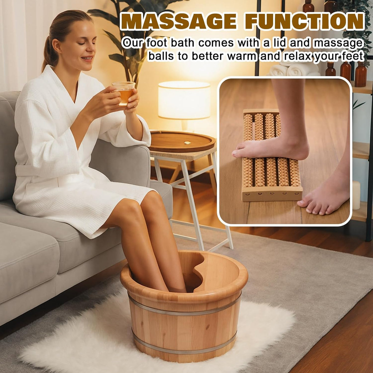 Geelin 10.24 Inch Tall Wooden Foot Bath Bucket with Massage Roller and Lid, Thick Insulated Wooden Foot Basin for Relaxation, Massage Soles, Suitable for Families, Athletes and Elderly (Wood)