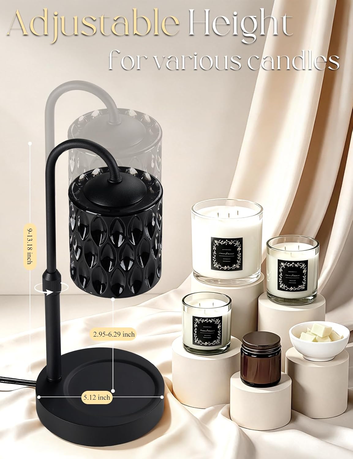 Briever Dimmable Candle Warmer Lamp with Timer, Height Adjustable Electric Candle Wax Warmer, Christmas Birthday Gifts for Women Mom, House Warming Gifts New Home Room Decor, Black Solid Wood Base