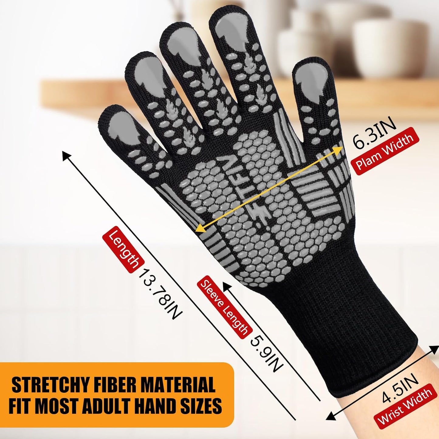 BBQ Gloves, Oven Gloves, 1472°F Extreme Heat Resistant Barbecue Gloves, Silicone Non-Slip Oven Mitts, Kitchen for Cooking, Grilling, and Baking