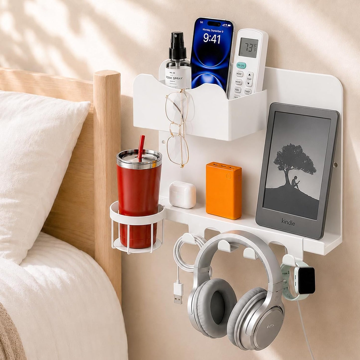 Metal Bedside Wall Shelf, No Drill Floating Bedside Shelf Wall Organizer | Bedside Wall Shelf with Detachable Cup Holder for Bedroom, Dorm, Nightstand Alternative, Bunk Bed Accessories & RV Storage