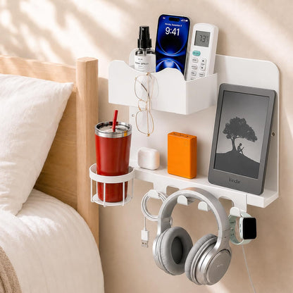 Metal Bedside Wall Shelf, No Drill Floating Bedside Shelf Wall Organizer | Bedside Wall Shelf with Detachable Cup Holder for Bedroom, Dorm, Nightstand Alternative, Bunk Bed Accessories & RV Storage