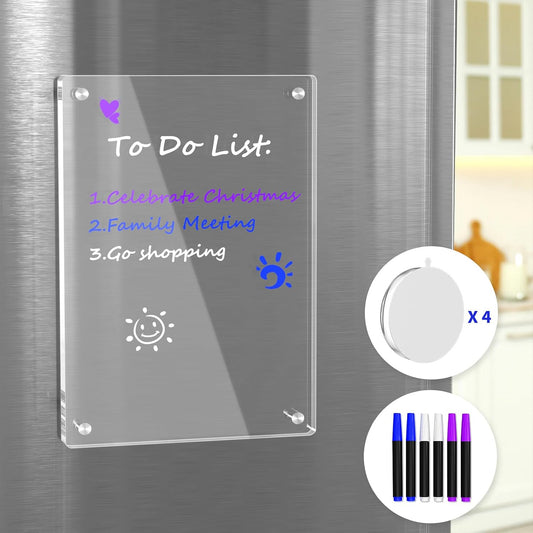 AITEE Acrylic Magnetic Weekly Calendar for Fridge with 6 Dry Erase Markers | Weekly planner, 8"x12" acrylic, 6 markers 3 colors, quick wipe, strong magnets, fast-drying no smudge, for home office