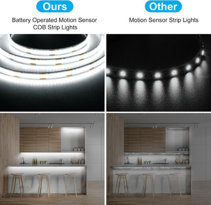 2 Pack Battery COB Motion Sensor Strip Lights with Day & Night Modes | 6.6Ft 640 LED Under Cabinet Flexible Tape Lights for Bedroom Kitchen Stair Shelf, 6000K Cool White