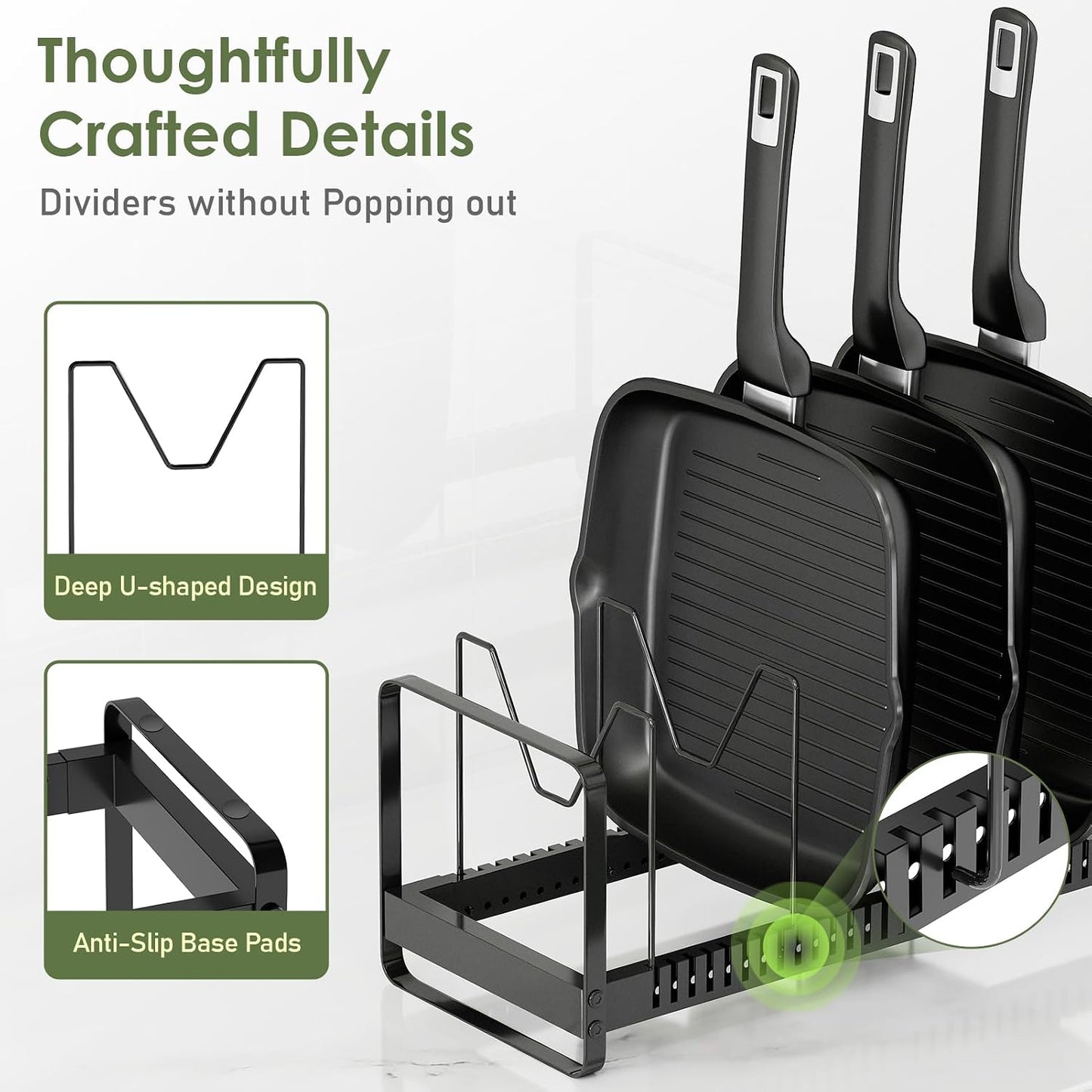 MUDEELA Expandable Pot Pan Lid Organizers inside Cabinet, 10 Divider-Black | Expandable 11.8–22.9", 10 Adjustable Divider, Tool-Free Assembly, Non-Slip, Scratch-Proof, For Pan Lid Cutting Board Bakeware