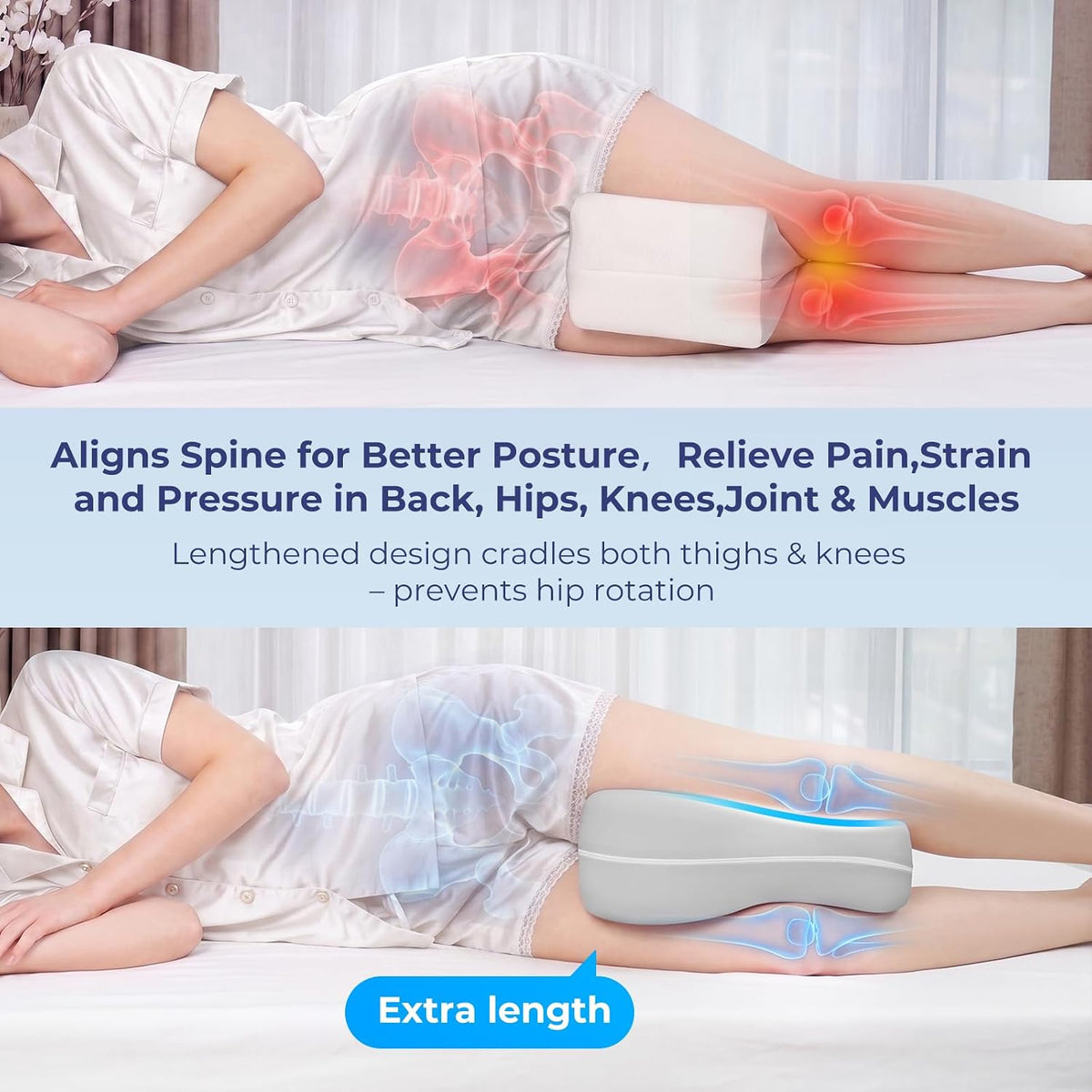 13" Extended-Length Knee Pillow for Side Sleepers with Full Thigh Support