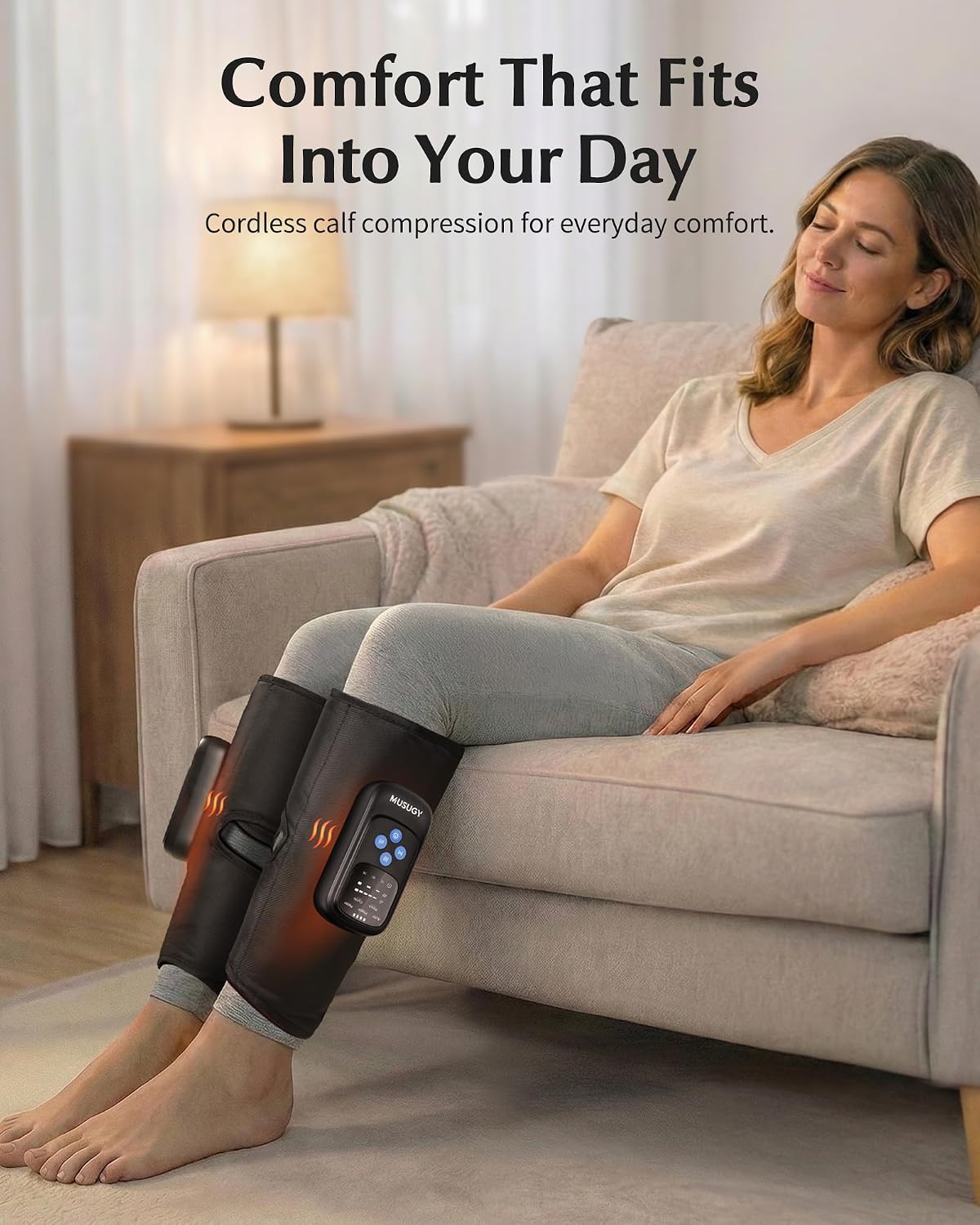 Cordless Calf Massager with Heat and Compression : Rechargeable Leg Compression Massager with 5 Modes, 5 Intensities for Pain Relief and Circulation - Calf Massage Device for Muscle Recovery