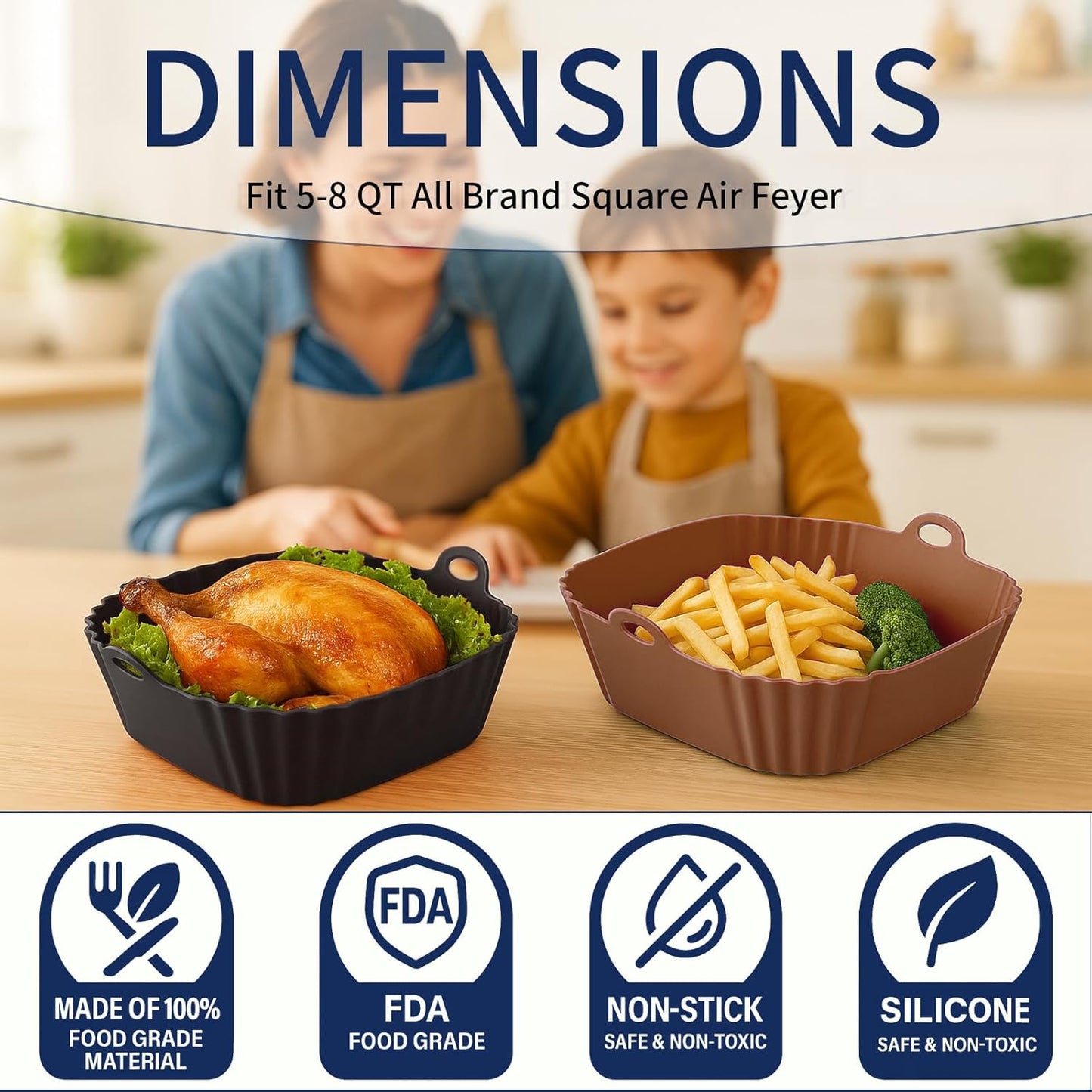 Boribim 2 PCS Square Silicone Air Fryer Liners - 8 Inch Reusable Air Fryer Pot - Air Fryer Accessories - Air Fryer Inserts for 4 to 7 QT Oven Microwave Accessories (Red + Blue)