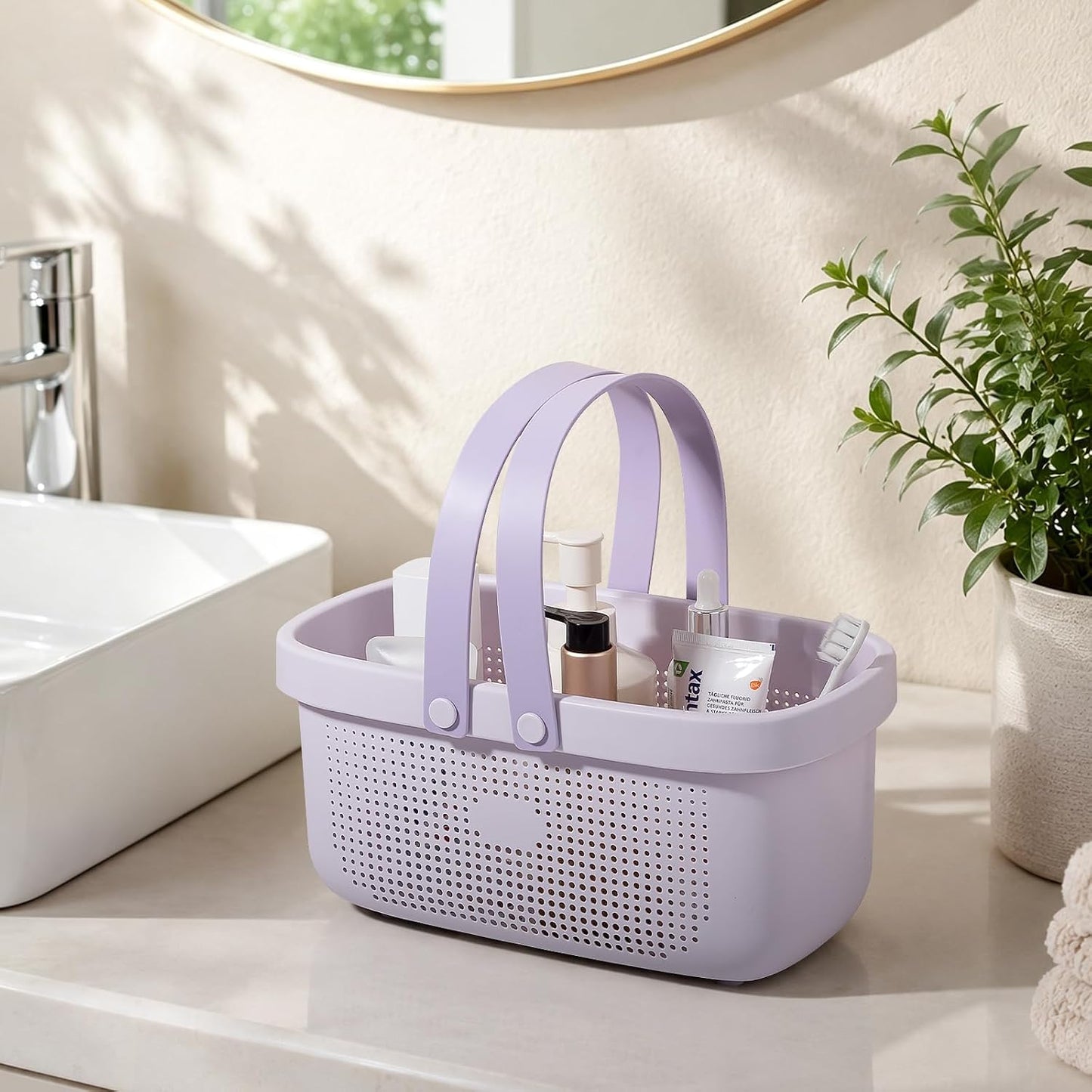 JiatuA Plastic Storage Basket with Handle Portable Shower Caddy Tote Organizer Basket Bin for Bathroom Kitchen Dorm Room Bedroom, Green | Sturdy Drainage Large Capacity Organizer Basket with Silicone Handles for Bathroom Kitchen Bedroom College Dorm