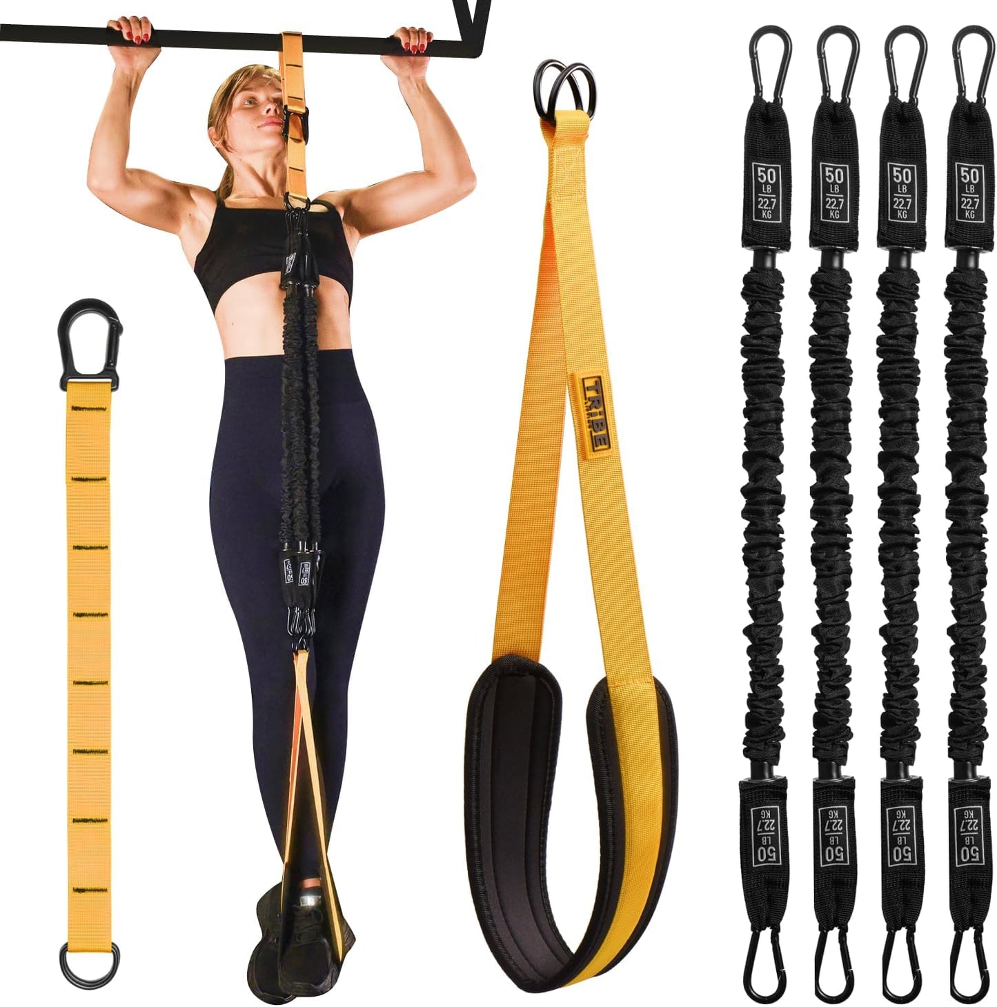 Pull Up Assistance Bands Set with 4 Levels, Adjustable Strap and Foot Rest | 50–200 lb stackable pull-up assistance, nylon-sleeved bands, adjustable support, reduced snap-back risk