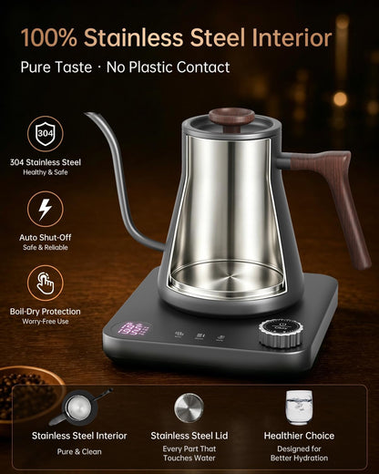 Gooseneck Electric Kettle with Temperature Control, 0.9L, Black | ±1°F Precision Pour Over Kettle, LCD Dual Display, Smart Two-Stage Heating, 2H Keep Warm, 304 Stainless Steel Interior