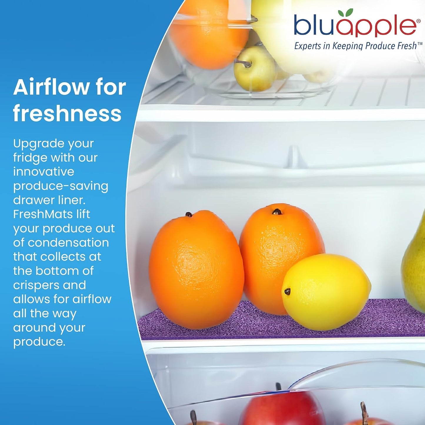 Bluapple FreshMats - Refrigerator Bin Liners, Fridge Drawer Mats - Keeps Produce Fresh Longer, Prevents Bruising, Promotes Air Circulation - BPA-Free Polyurethane Foam - (4-Piece Set, 12"x15", Green)