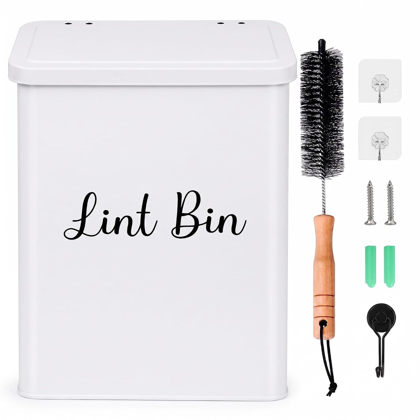 Magnetic Lint Bin for Laundry Room, Dryer lint bin Shiny White | galvanized metal body 1 Soft Lint Brush Included, 1 Magnetic Hook Included, 2 adhasive Hooks Included, Space-Saving