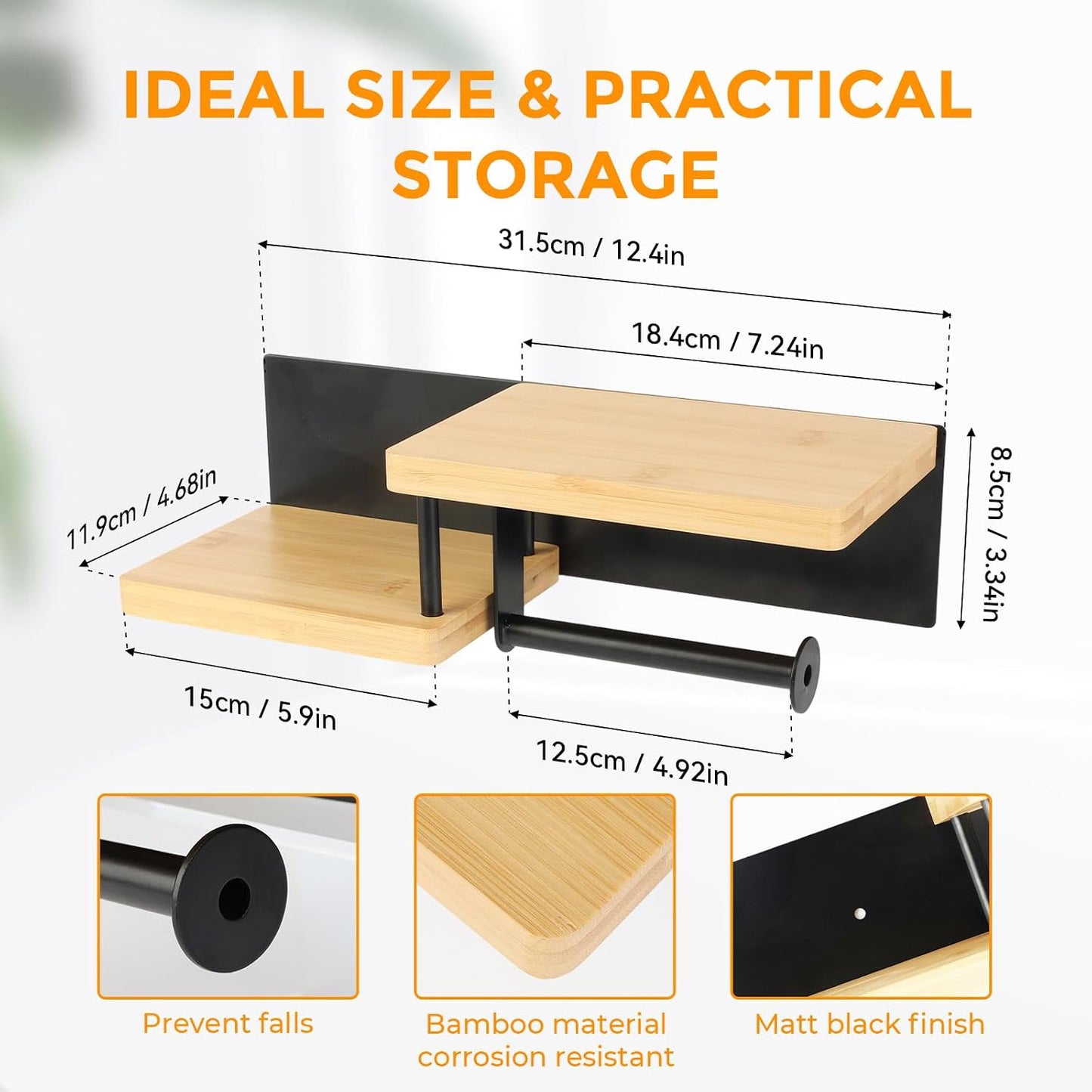 Toilet Paper Holder with Shelf, Wall Mount Toilet Paper Roll Holder with Wooden Shelf & Matte Black Stainless Steel Pipe, Bathroom Organizer for Roll Tissue, Phone, Wipes, Plant for Bathroom, Washroom