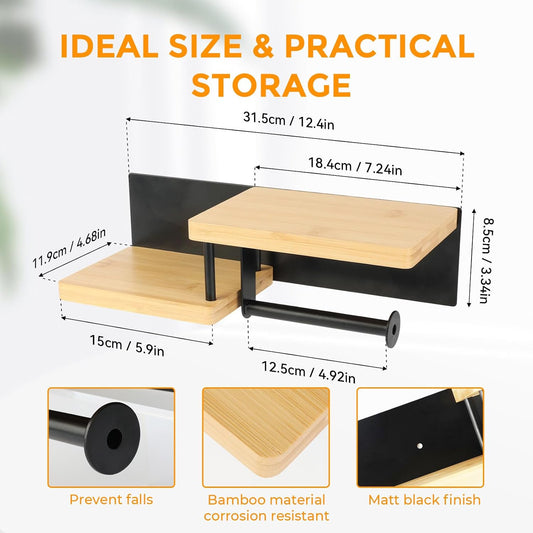 Toilet Paper Holder with Shelf, Wall Mount Toilet Paper Roll Holder with Wooden Shelf & Matte Black Stainless Steel Pipe, Bathroom Organizer for Roll Tissue, Phone, Wipes, Plant for Bathroom, Washroom