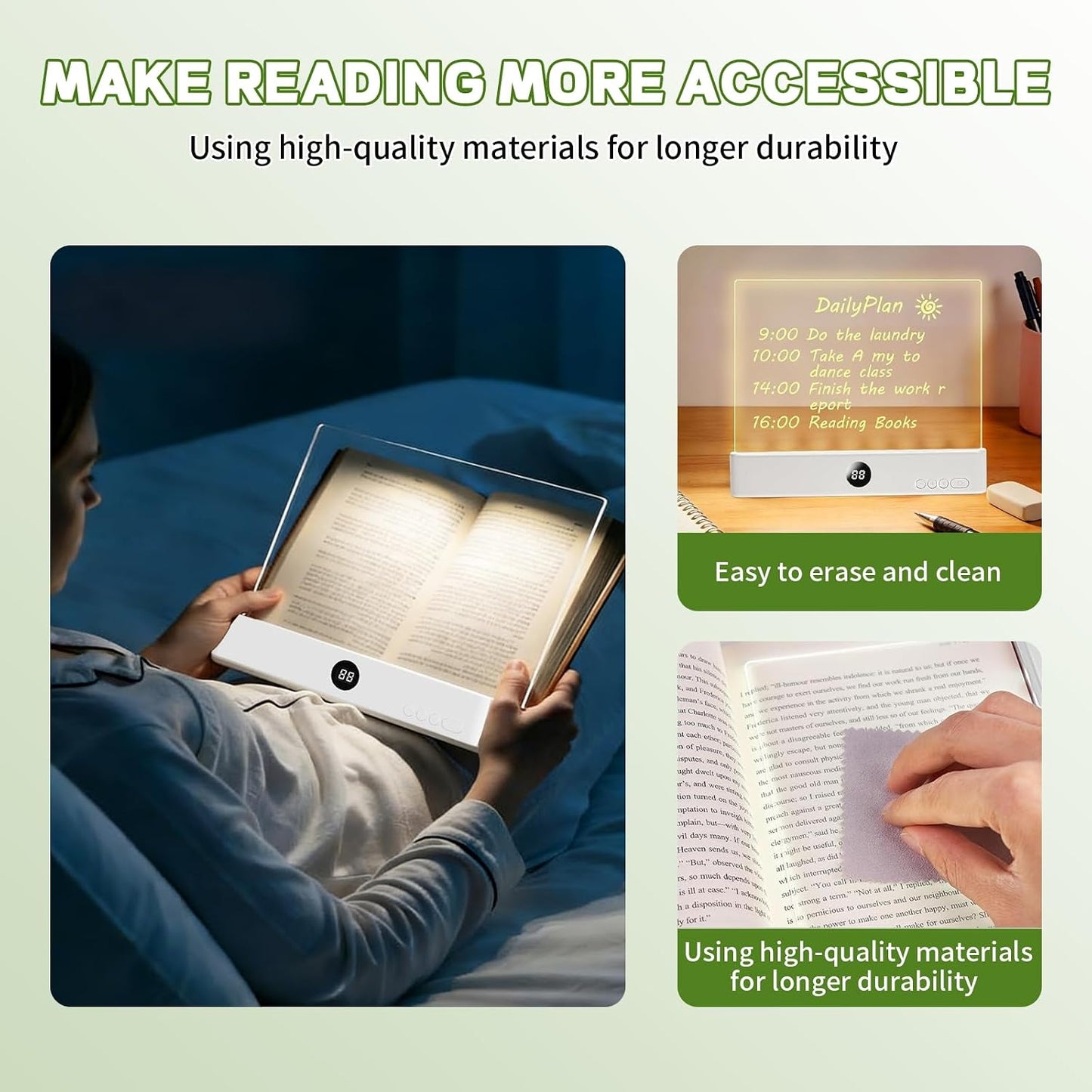 Book Light, Rechargeable Clear LED Flat Book Lights with 3 Colors & Timer | USB Rechargeable Reading Light, Dimmable Panel Plate Lamp Book Full Page Light, Funny Gifts for Readers Kids Women Men(White)