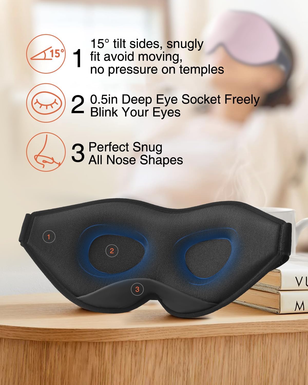 MABAO Sleep Mask for Side Sleeper, Eye Mask for Sleeping Women Men, Black | 3D Contoured Cup No Eye Pressure, 100% Light Blocking Sleeping Mask with Adjustable Strap Night Blindfold Flight, Travel, Nap