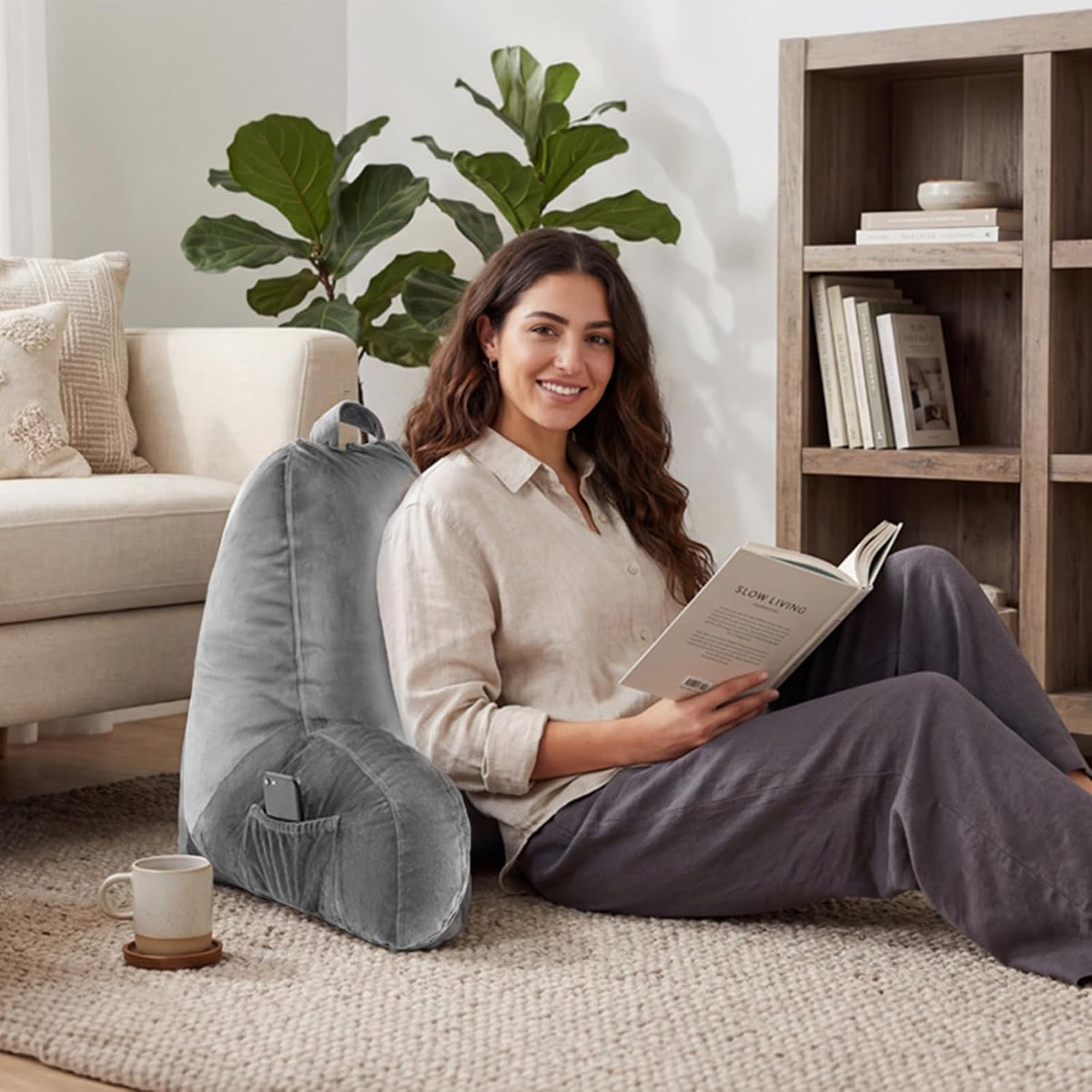 Reading Pillow for Bed with Arm Support, Large Backrest Cushion for Sitting Up in Bed, Plush Ergonomic Back Pillow for Reading, Watching TV, Gaming & Relaxing,Pillow with Shredded Memory Foam,Grey