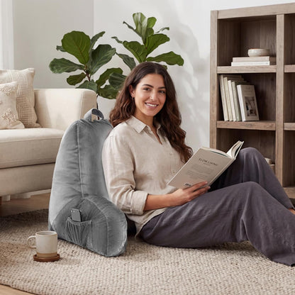 Reading Pillow for Bed with Arm Support, Large Backrest Cushion for Sitting Up in Bed, Plush Ergonomic Back Pillow for Reading, Watching TV, Gaming & Relaxing,Pillow with Shredded Memory Foam,Grey