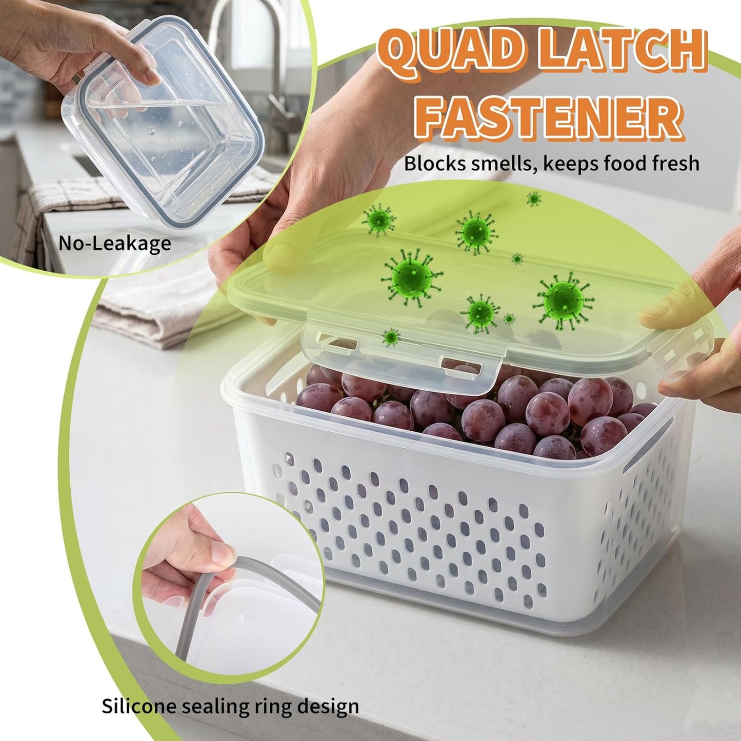 Fruit Storage Containers for Fridge, Grape Containers with Built-In Drain Basket, 2-Pack No-Leak Design, Saves Space, Durable and Easy to Clean, Easy Grab Handle, Keeps Grapes and Berries Fresh