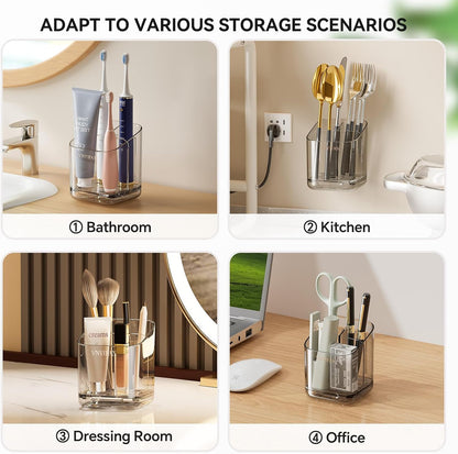 3 Slots Toothbrush Holders with Detachable Dividers for Bathrooms | Toothbrush Holder Wall Mounted with Drip Tray, Electric Tooth Brush and Toothpaste Holder Organizer for Bathroom Countertop