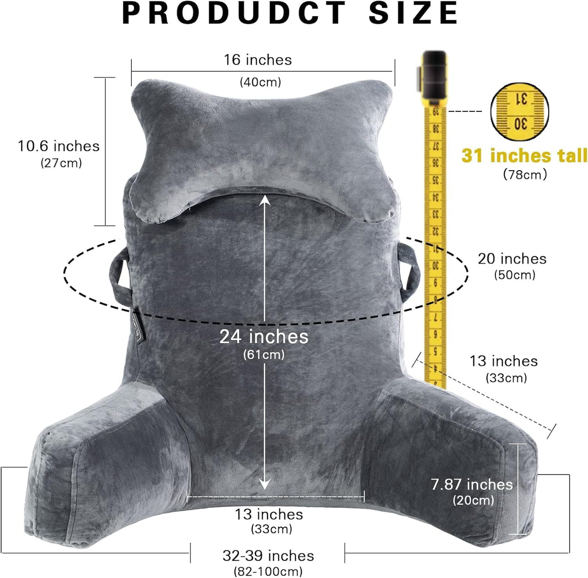 SLIGUY Reading Pillow-Bed Rest Pillow with Detachable Neck Roll & Support Arm for Sitting in Bed Couch or Floor-Backrest Reading Pillow Adult Back Pillow for Reading/Watching TV/Gaming,Dark Grey