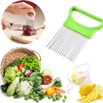 4PCS Onion Holder Slicer Set,Stainless Steel Fruit Tomato Lemon Potato Vegetable Holder Slicer Crinkle Cutter Tool for Kitchen Worker Slicing,Onion Cutter French Fry Cutter,4 Colors