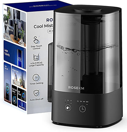 ROSEKM Automatic Humidifiers for Bedroom Large Room, 4.5L Cool Mist Humidifier for Home & Plant with Timer & Humidity Sensor, Last Up to 18H on High Setting, Auto Shut-Off, 360° Nozzle (Black)