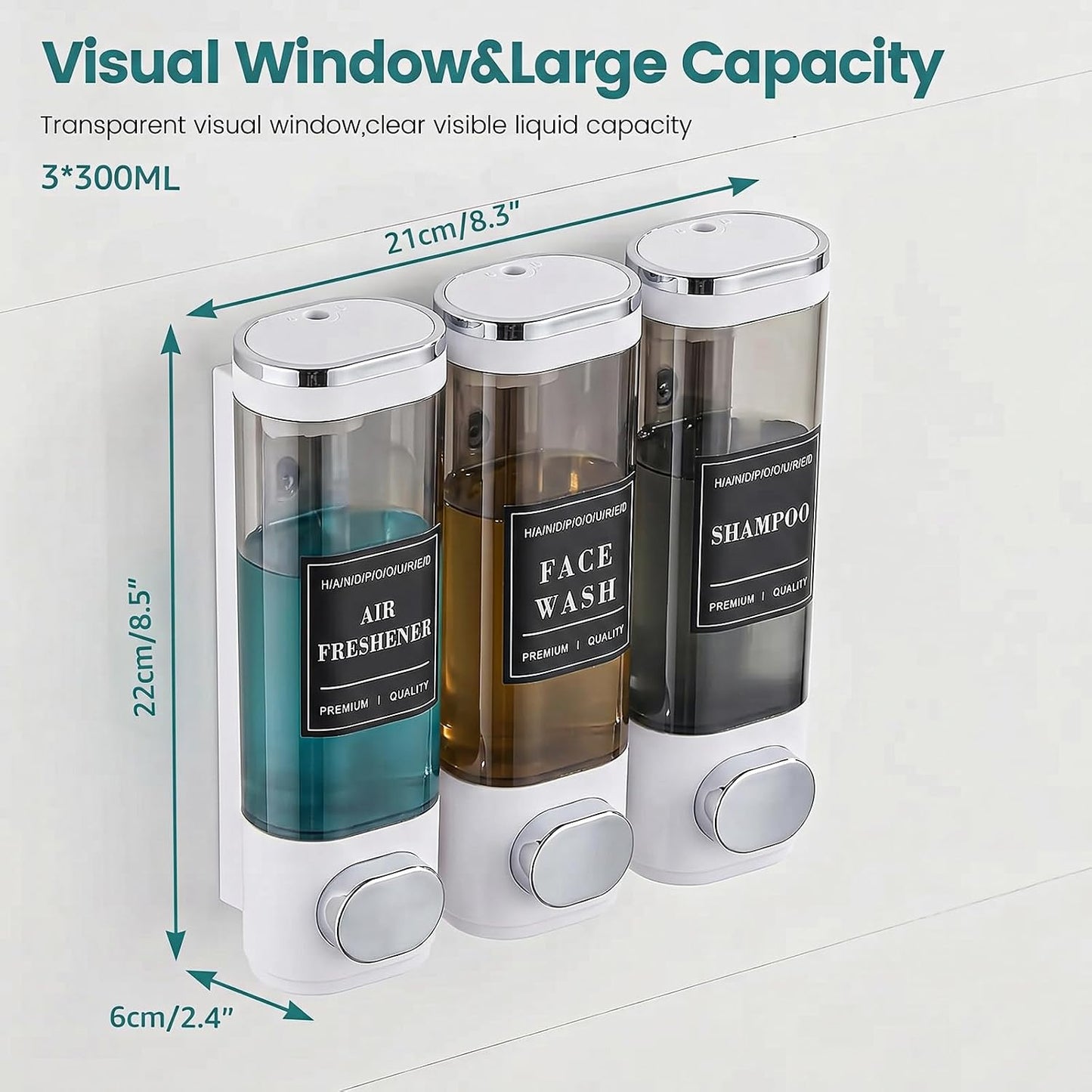 Wall Mounted Shower Soap Dispenser 3 Chamber,No Drill Shower Dispenser | Shampoo and Conditioner Dispenser for Bathroom Hotel Large Capacity, each 300ml with two waterproof labels,Gold