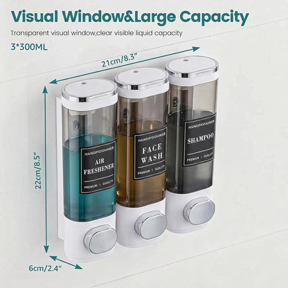 Wall Mounted Shower Soap Dispenser 3 Chamber,No Drill Shower Dispenser | Shampoo and Conditioner Dispenser for Bathroom Hotel Large Capacity, each 300ml with two waterproof labels,Gold