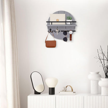 Nekon Key Holder Wall Mount, 11.8” Wood Mail Organizer for Wall, Brown | Round Wall Shelf with 6 Key Hooks, Rustic Key and Mail Holder, Key Hanger for Entryway Hallway Kitchen