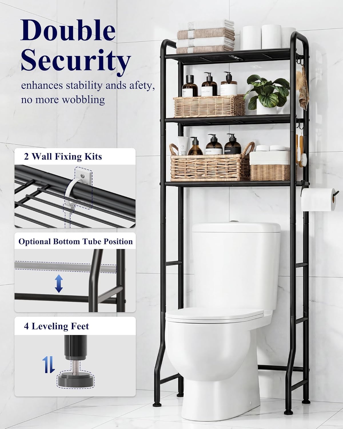 Kitsure Over Toilet Storage Rack, 63.2" H Space-Saving, Holder & Hooks | Bathroom, Laundry Room, Small Spaces, Families, Durable Metal, Black, 3 Tier
