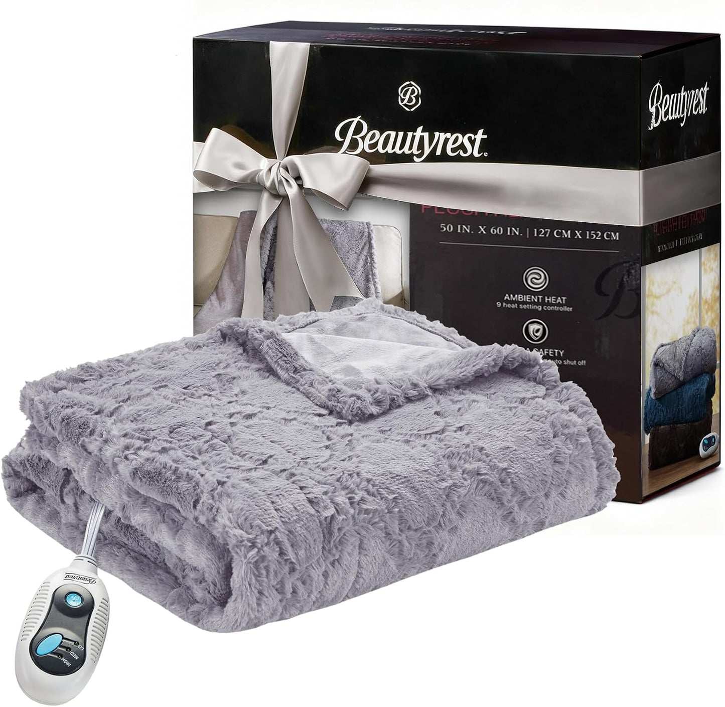 Beautyrest Long Brushed Faux Fur Ogee Textured Design Electric Blanket, Auto Shut Off, Virtually Zero EMF, Multi Heat Setting, UL Certified, Machine Washable, Grey Throw 50x60