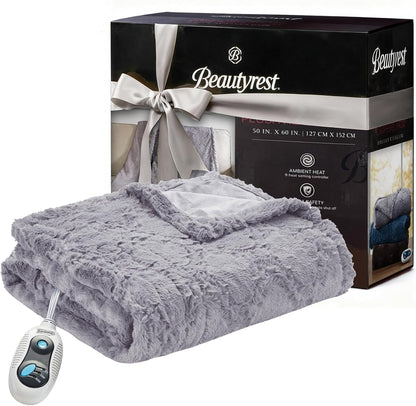 Beautyrest Long Brushed Faux Fur Ogee Textured Design Electric Blanket, Auto Shut Off, Virtually Zero EMF, Multi Heat Setting, UL Certified, Machine Washable, Grey Throw 50x60
