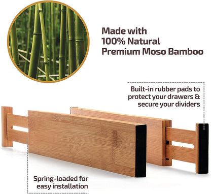 6-Pack Drawer Dividers 2.6-Inch High Dresser Drawer Organizer 16 to 22 Inch | Bamboo, Spring Loaded, No Tools Needed, Fits Wide Drawers for Socks, Clothes, Utensils, Bedroom, Bathroom, Kitchen, Office