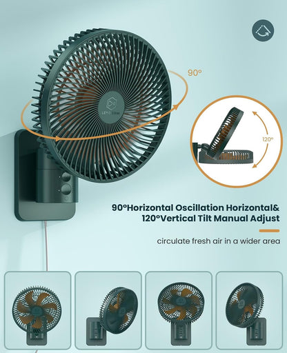 LEMOISTAR 8 Inch Small Wall Mounted RV Fan with Remote Control, 90° Oscillating, 4 Speeds, 4 Timer, Adjustable Tilt, 70 Inch Cord, Quiet, for Corner Bedroom Home Office Garage-Black